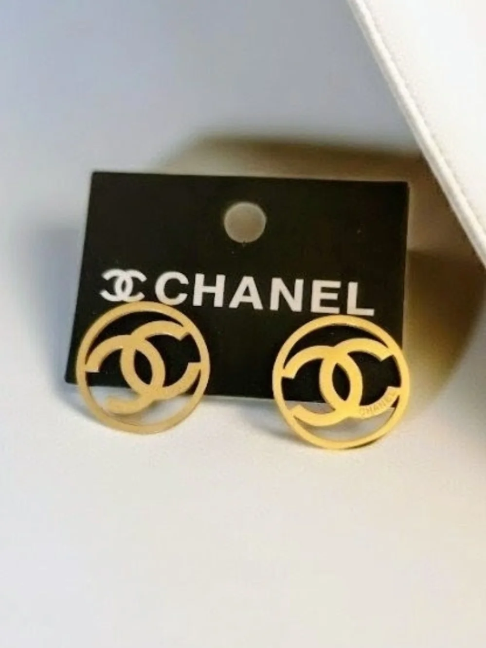 CHANEL Gold Circular Interlocking CC Logo Stud Earrings